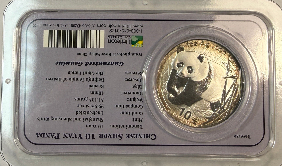 2001 China Silver Panda 10 Yuan 1 oz .999 Silver Coin Littleton Co. Showpak