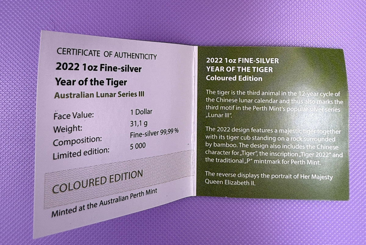 2022 Perth Mint Lunar Tiger 1 oz .9999 Silver Coin Aftermarket Colorized