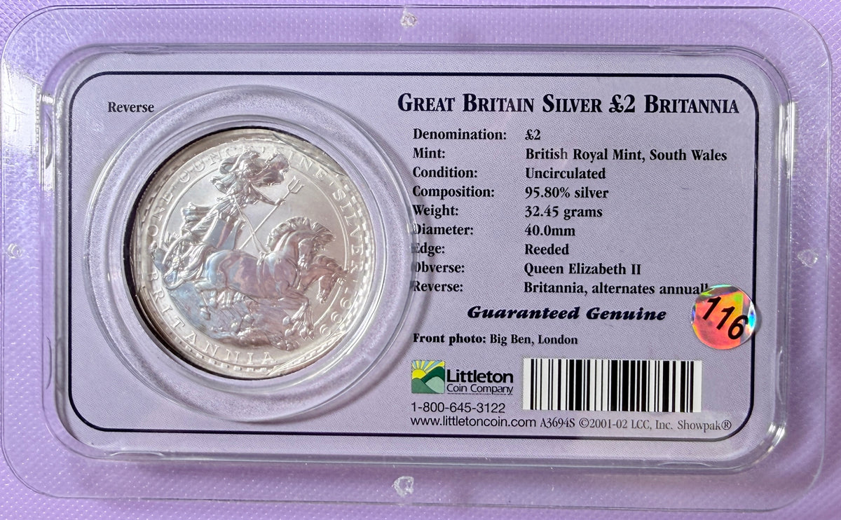 1999 Great Britain Britannia 1 oz Silver £2 Coin BU Littleton Coin Company