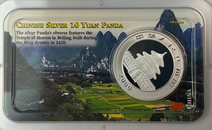 2000 China Silver Panda 10 Yuan 1 oz .999 Silver Coin Littleton Co. Showpak