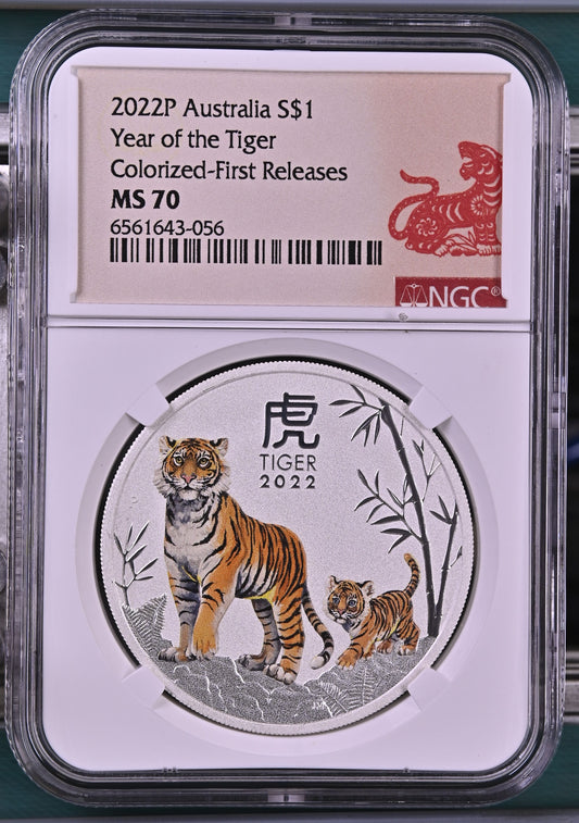 2022 Australia Year of the Tiger Colorized 1 oz Silver NGC MS70 First Releases Perth Mint Lunar Series III