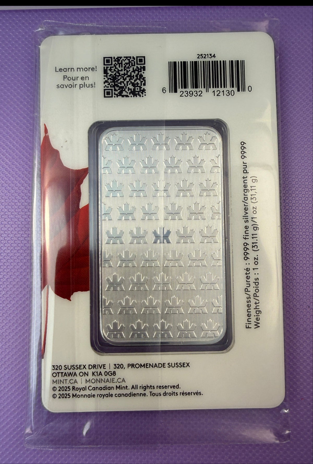 2025 Royal Canadian Mint 1 oz .9999 Silver Bar – Proudly Canadian Assay