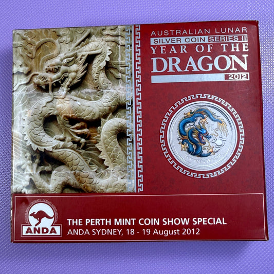 2012 Perth Mint Blue Dragon 1 oz Silver Coin – ANDA Sydney – Box & COA