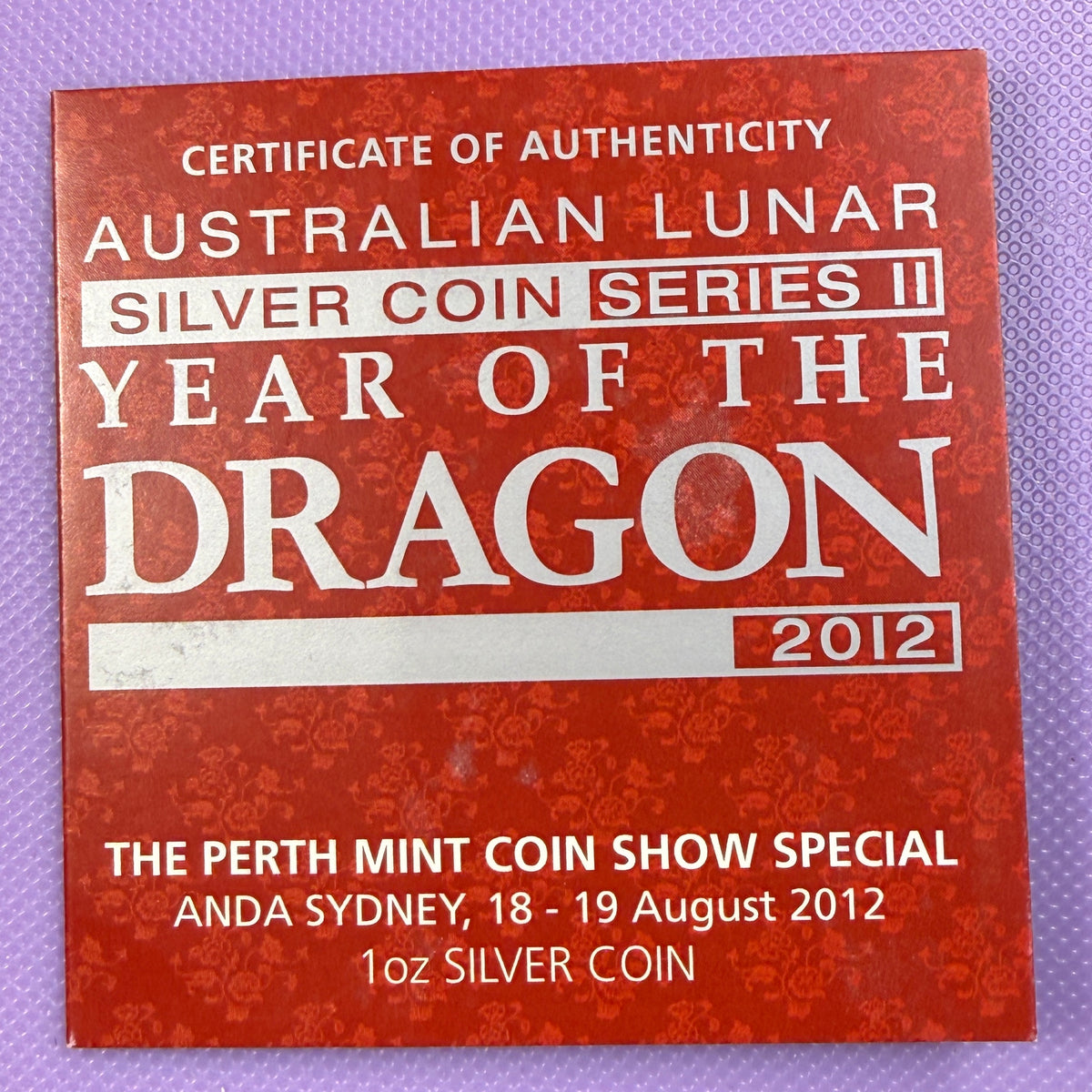 2012 Perth Mint Blue Dragon 1 oz Silver Coin – ANDA Sydney – Box & COA