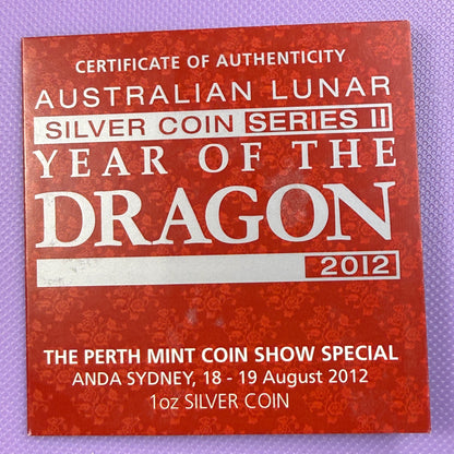 2012 Perth Mint Blue Dragon 1 oz Silver Coin – ANDA Sydney – Box & COA