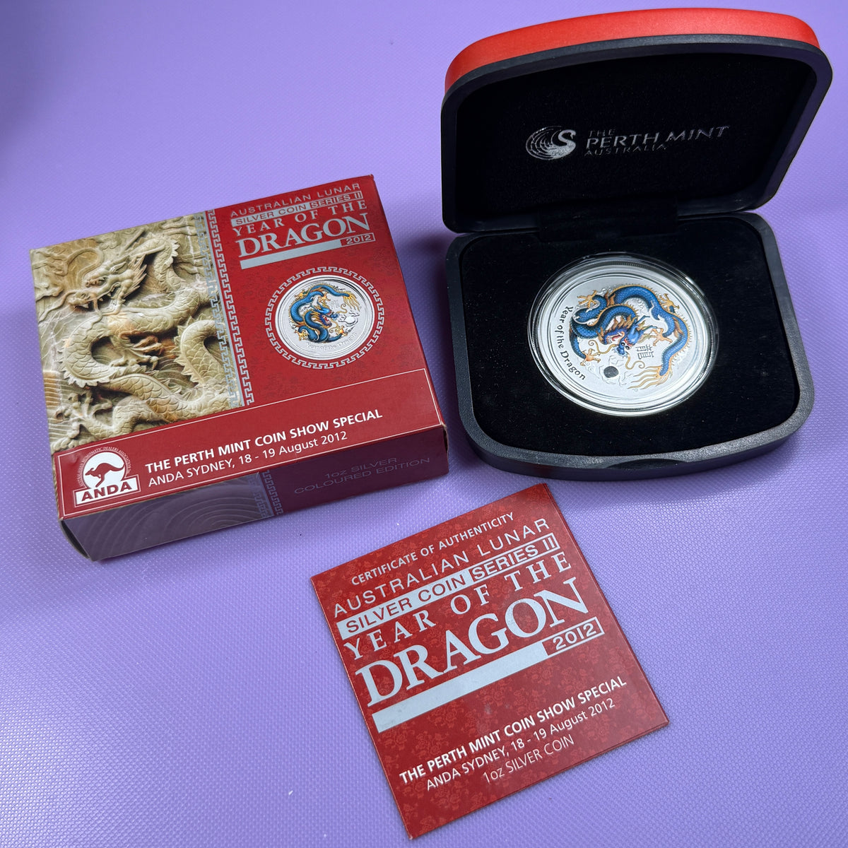 2012 Perth Mint Blue Dragon 1 oz Silver Coin – ANDA Sydney – Box & COA