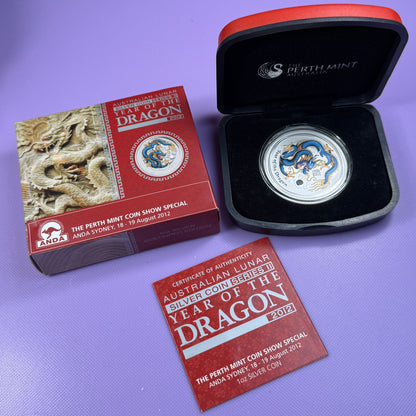 2012 Perth Mint Blue Dragon 1 oz Silver Coin – ANDA Sydney – Box & COA