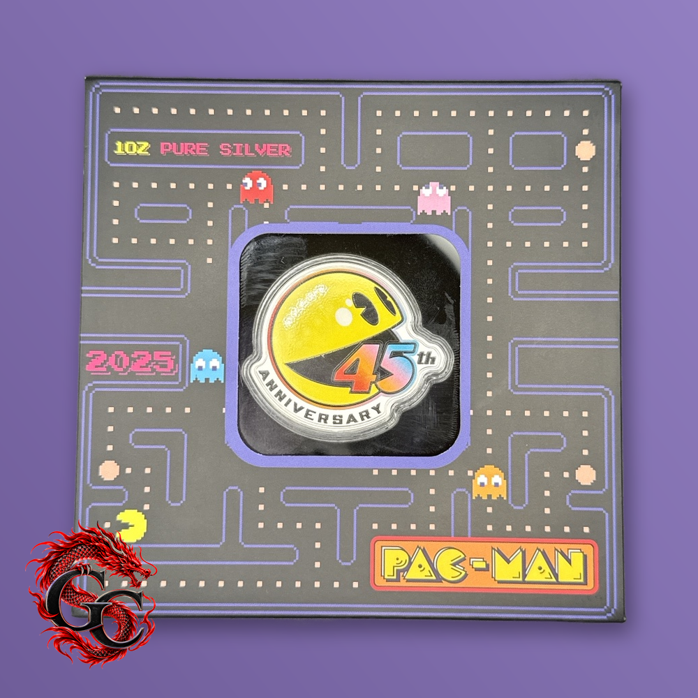 2025 Pac-Man 45th Anniversary 1 oz .9999 Silver Colorized Shaped Coin, box