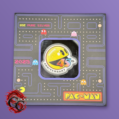 2025 Pac-Man 45th Anniversary 1 oz .9999 Silver Colorized Shaped Coin, box