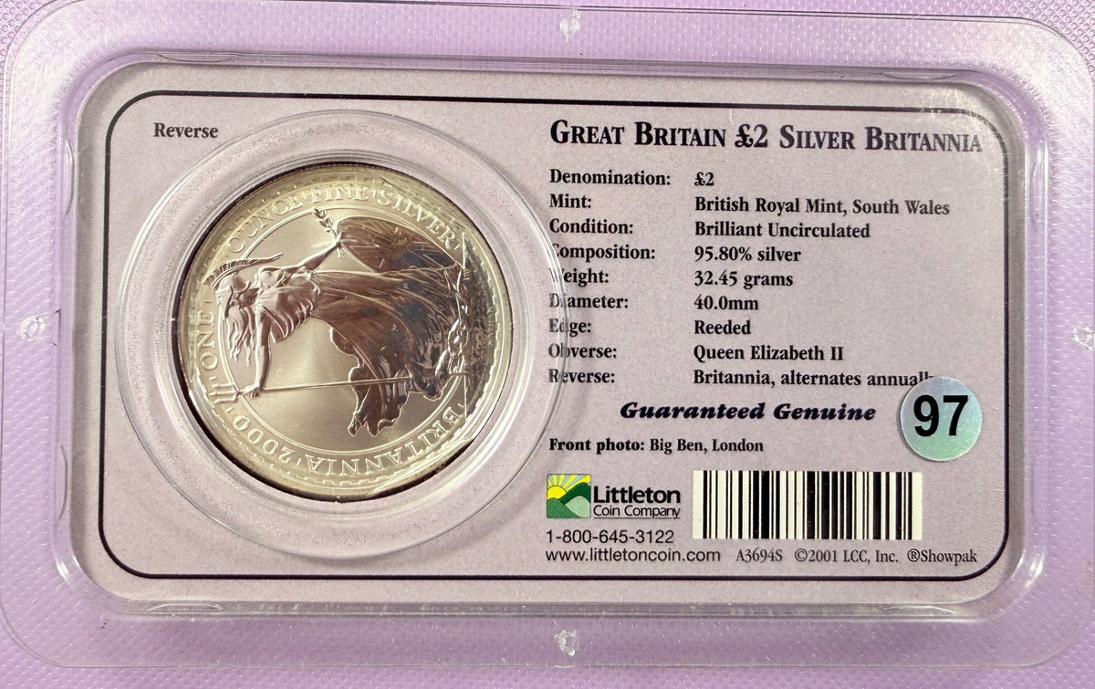 2000 Great Britain Britannia 1 oz Silver £2 Coin BU in Littleton Showpak