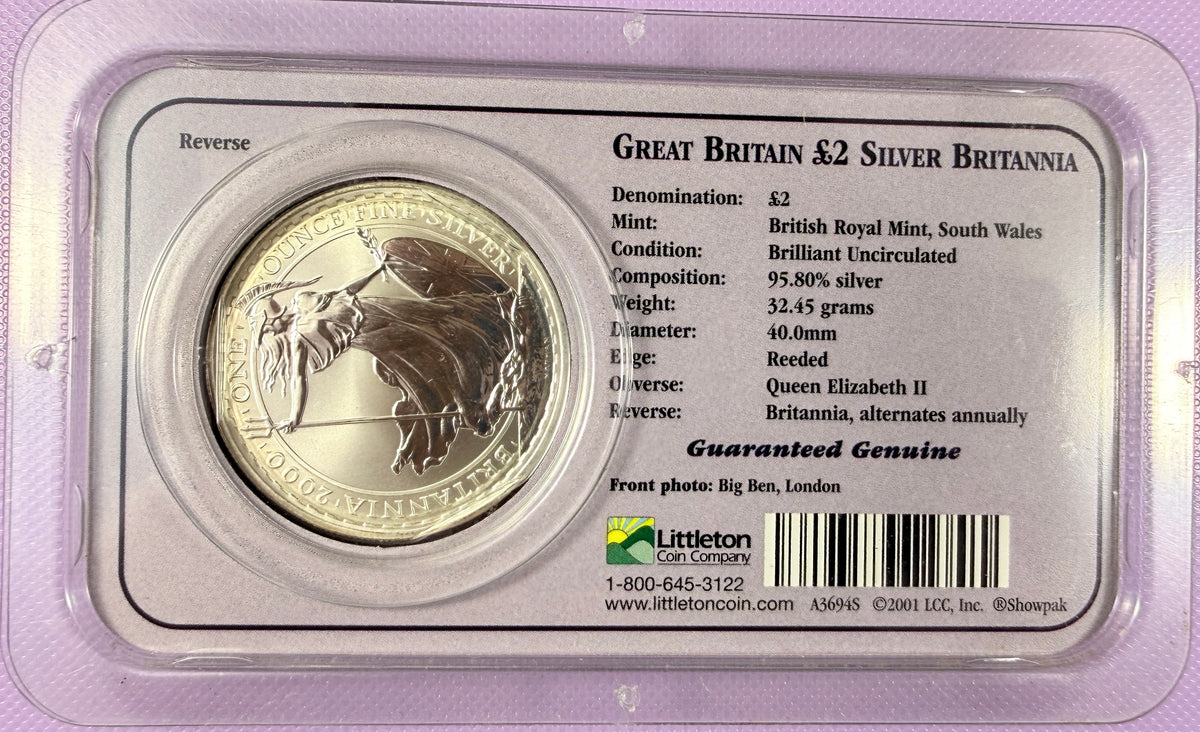 2000 Great Britain Britannia 1 oz Silver £2 Coin BU in Littleton Showpak