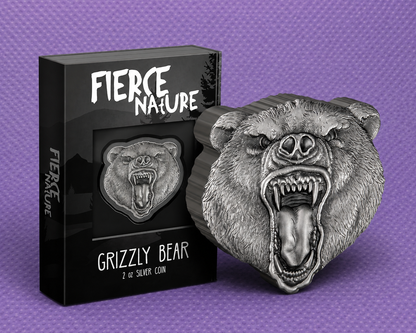 2023 Niue Fierce Nature Grizzly Bear 2 oz Silver Coin Antique Finish Box & COA