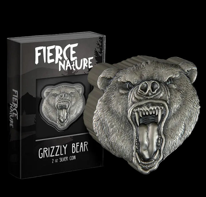 2023 Niue Fierce Nature Grizzly Bear 2 oz Silver Coin Antique Finish Box & COA