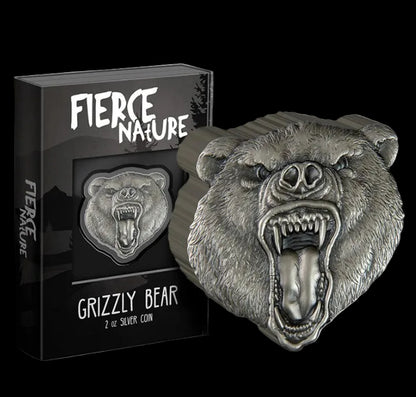 2023 Niue Fierce Nature Grizzly Bear 2 oz Silver Coin Antique Finish Box & COA