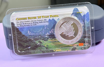 2001 China Silver Panda 10 Yuan 1 oz .999 Silver Coin Littleton Co. Showpak
