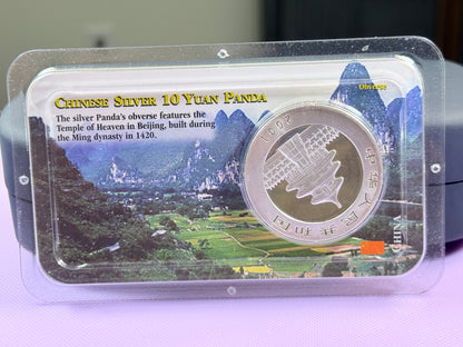 2001 China Silver Panda 10 Yuan 1 oz .999 Silver Coin Littleton Co. Showpak