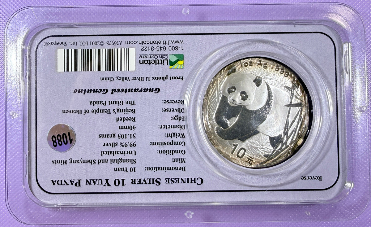 2001 China Silver Panda 10 Yuan 1 oz .999 Silver Coin Littleton Co. Showpak