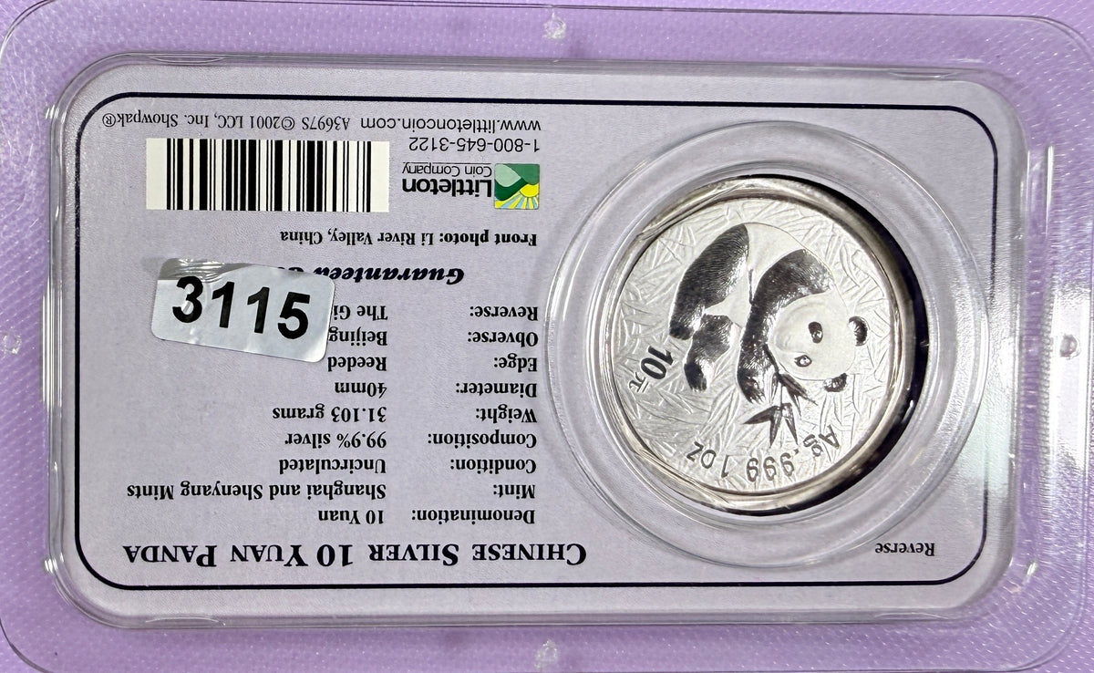 2000 China Silver Panda 10 Yuan 1 oz .999 Silver Coin Littleton Co. Showpak