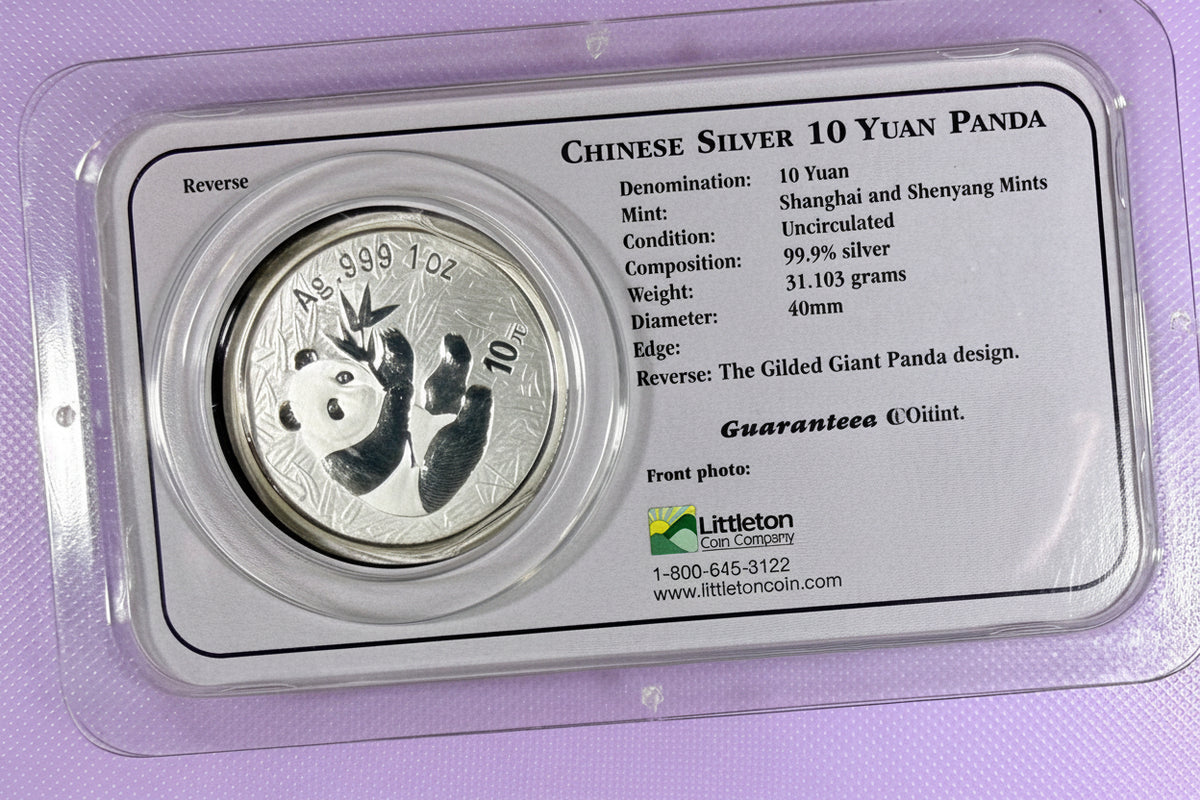2000 China Silver Panda 10 Yuan 1 oz .999 Silver Coin Littleton Co. Showpak