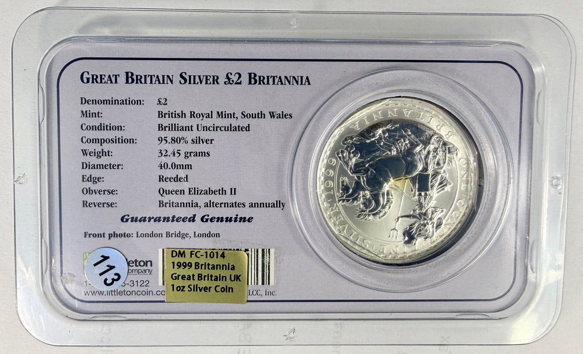 1999 Great Britain Britannia 1 oz Silver £2 Coin BU Littleton Coin Company (Copy)