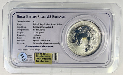 1999 Great Britain Britannia 1 oz Silver £2 Coin BU Littleton Coin Company (Copy)