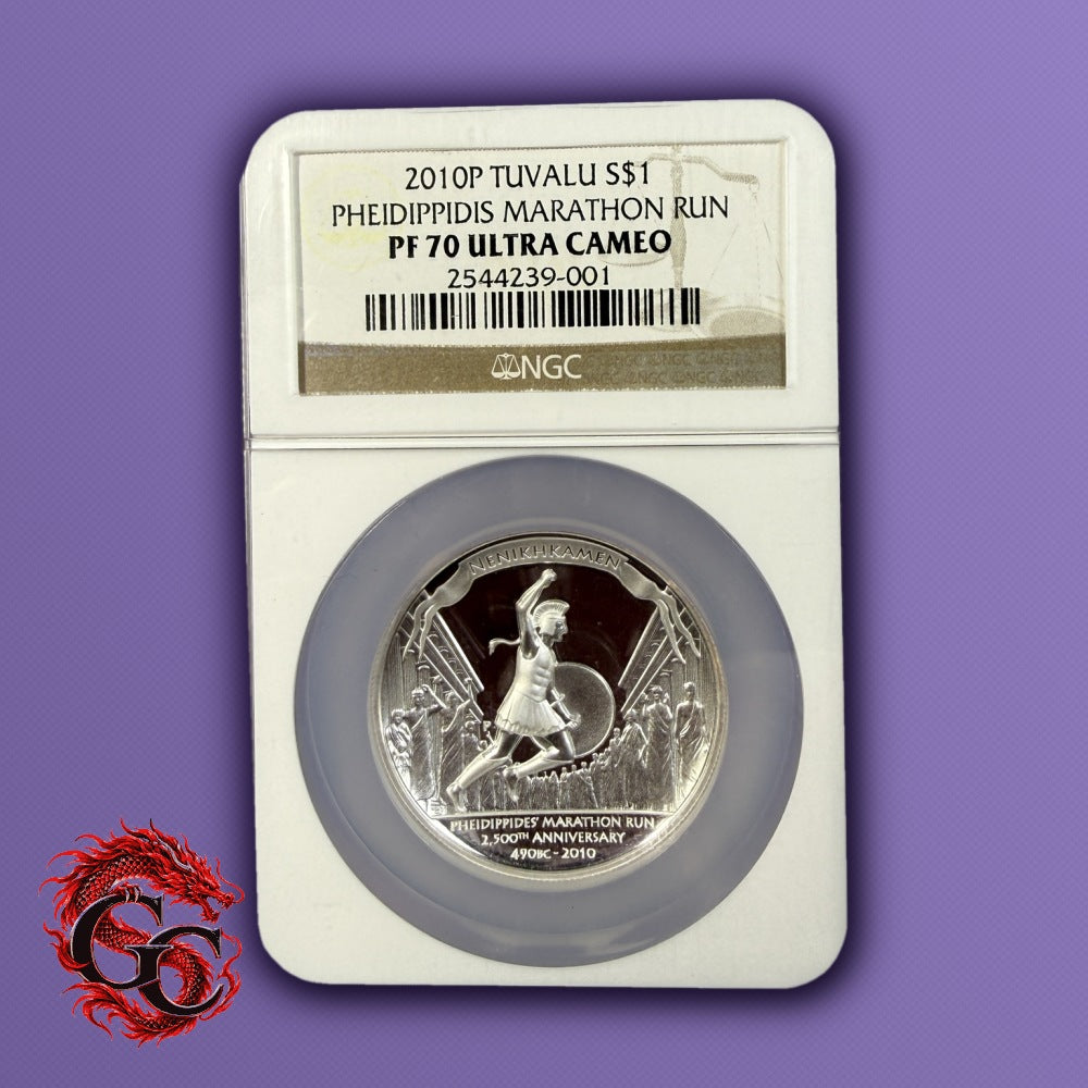 2010-P Tuvalu Pheidippides Marathon Run $1 1 oz Silver Proof NGC PF70