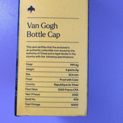2022 Chad Van Gogh Bottle Cap 6g Silver Colorized Proof Coin – Box & COA