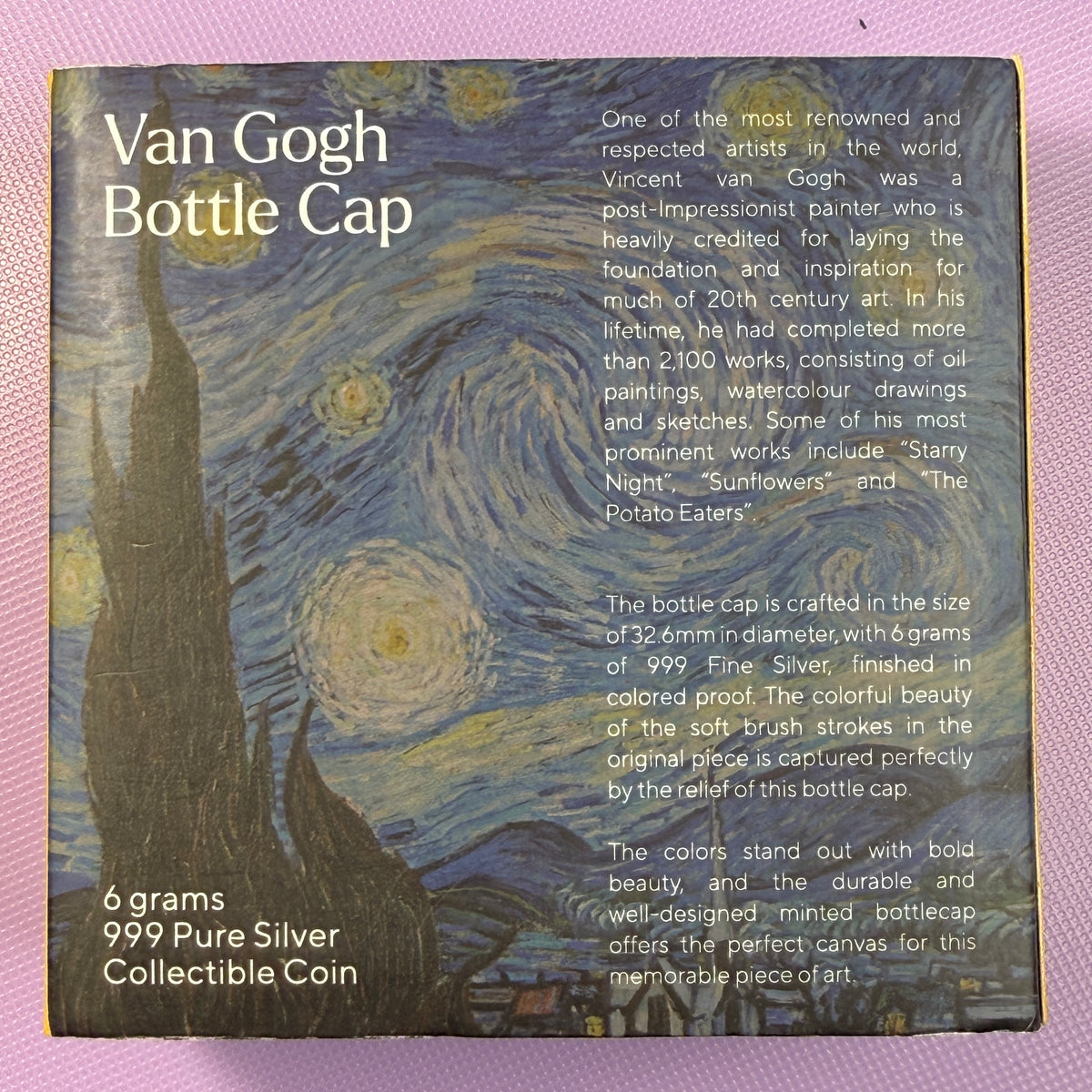 2022 Chad Van Gogh Bottle Cap 6g Silver Colorized Proof Coin – Box & COA
