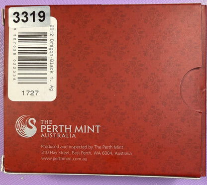 2012 Perth Mint Black Dragon 1 oz Silver Coin – Berlin World Money Fair – Box & COA