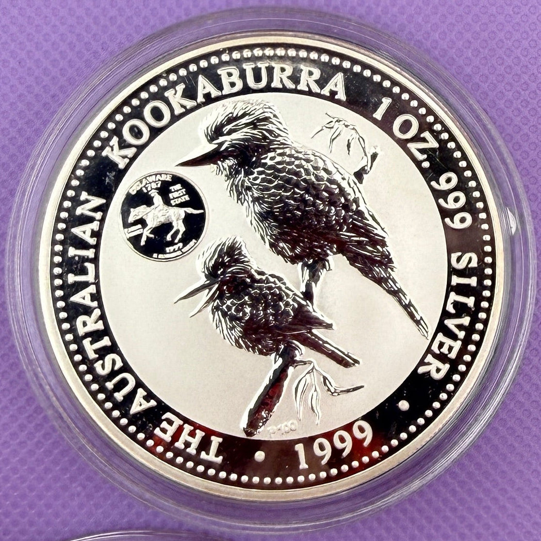 1999 Australia Kookaburra 1 oz Silver Coin Perth Mint .999 Fine Silver with Delaware Privy