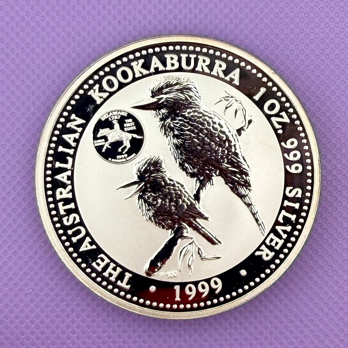 1999 Australia Kookaburra 1 oz Silver Coin Perth Mint .999 Fine Silver with Delaware Privy
