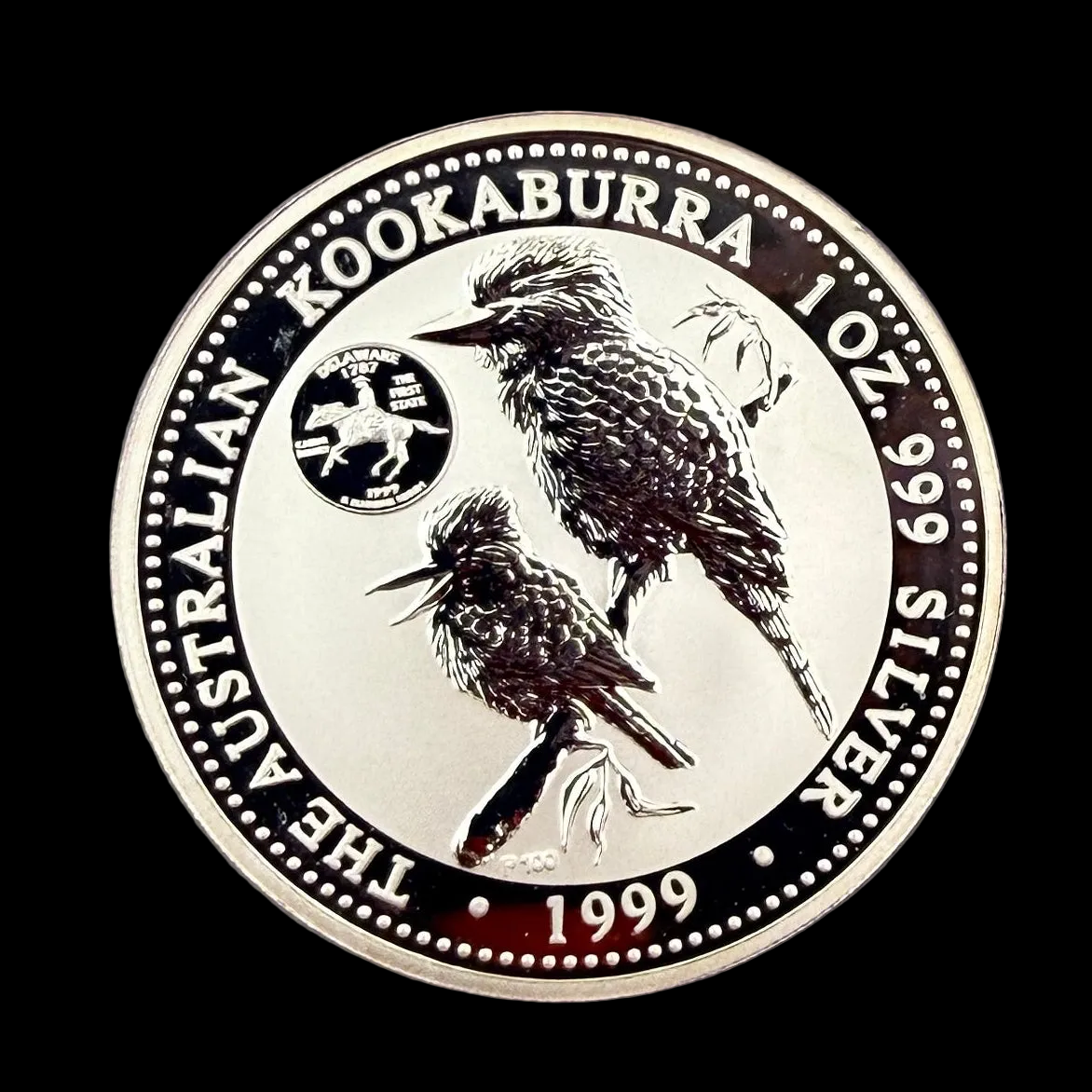 1999 Australia Kookaburra 1 oz Silver Coin Perth Mint .999 Fine Silver with Delaware Privy