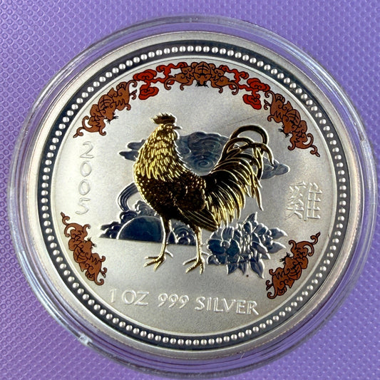 2005 Australia Lunar Rooster Series I Gilded 1 oz Silver Coin