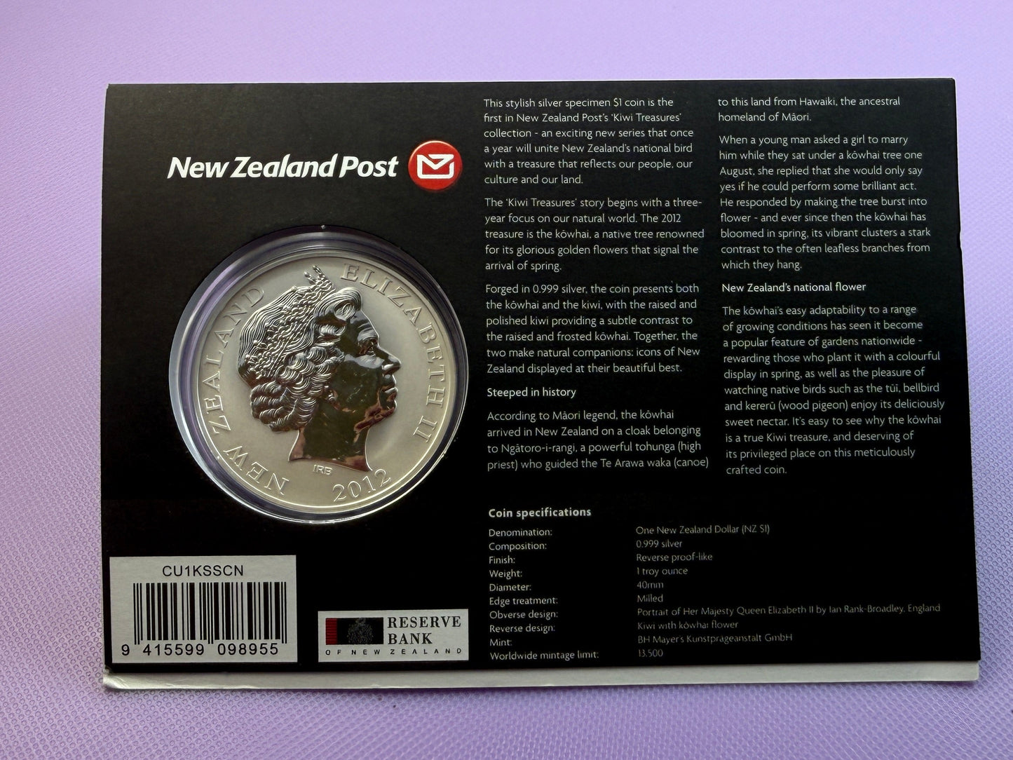 2012 New Zealand Kiwi Treasures Kowhai Coin in Original Display Card