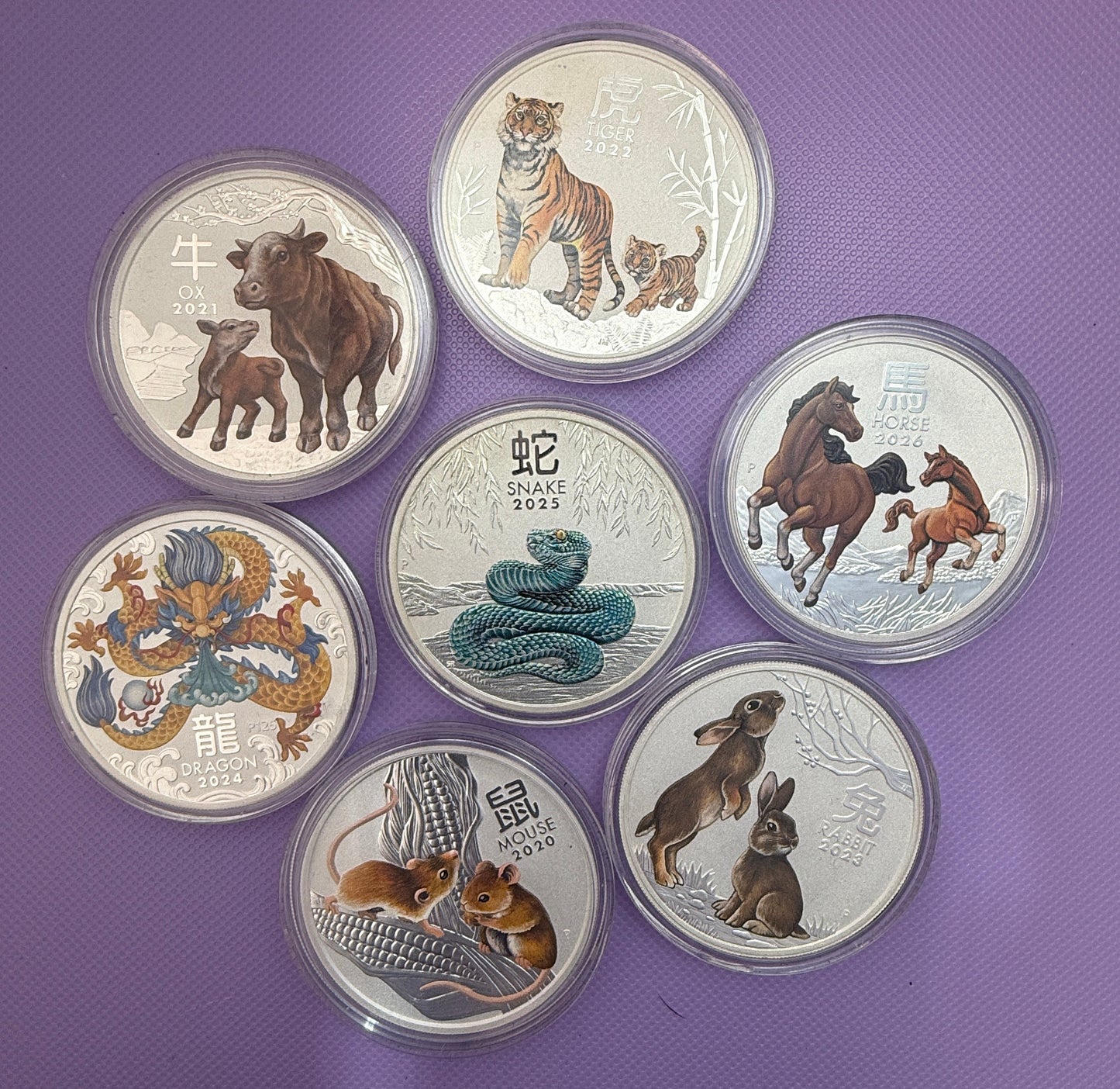 Complete Perth Mint Lunar Series III Colorized 1 oz Silver Collection (12 Coins) with Custom Display Case