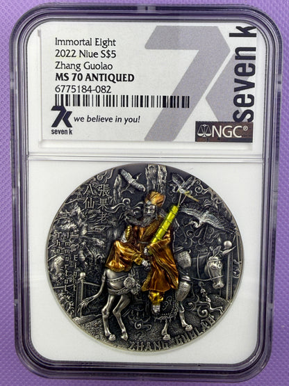 2022 Niue Immortal Eight Zhang Guolao 2 oz Silver Antiqued Coin NGC MS70 Seven K Label