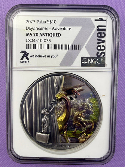 2023 Palau Daydreamer Adventure 2 oz Silver Antiqued Coin NGC MS70 Seven K Label
