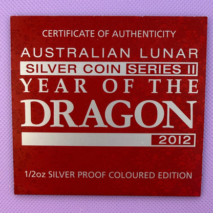 2012 Australia Year of the Dragon 1/2 oz Silver Proof Colorized Coin | Perth Mint | Box & COA