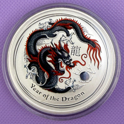 2012 Australia Year of the Dragon 1 oz Silver Black Ice Dragon Colorized Coin Perth Mint Lunar Series II
