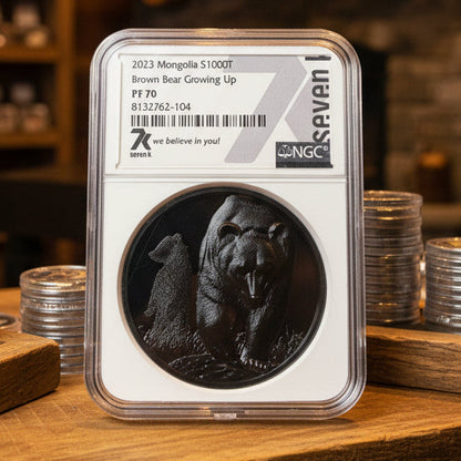 Coin in a protective case with NGC certification on a purple background