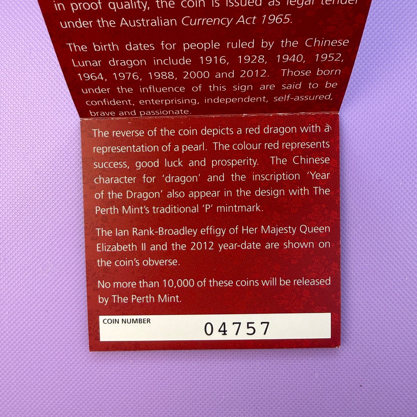 2012 Australia Year of the Dragon 1/2 oz Silver Proof Colorized Coin | Perth Mint | Box & COA (Copy)