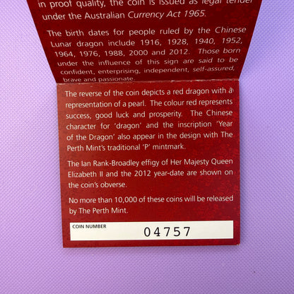 2012 Australia Year of the Dragon 1/2 oz Silver Proof Colorized Coin | Perth Mint | Box & COA (Copy)