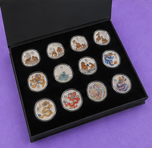 Complete Perth Mint Lunar Series III Colorized 1 oz Silver Collection (12 Coins) with Custom Display Case