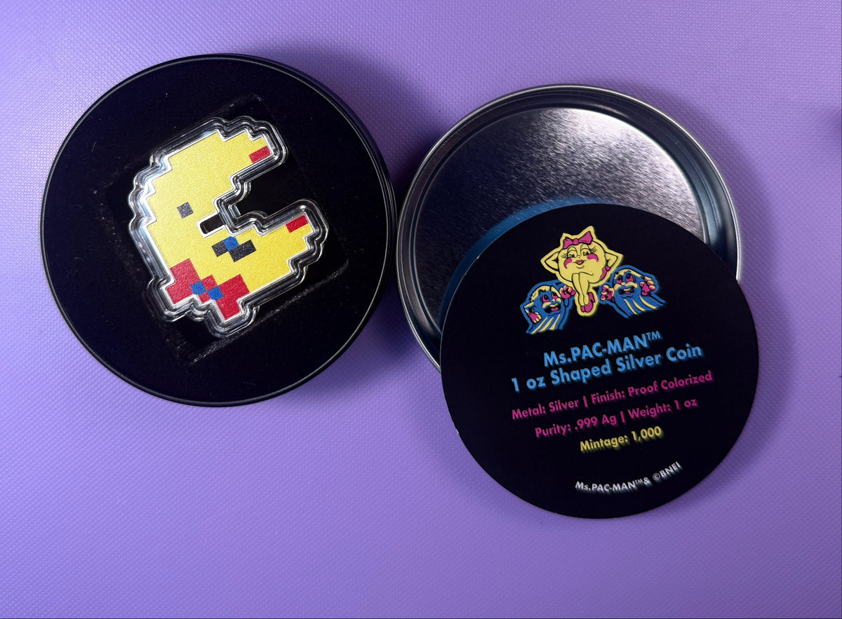 2022 Niue Ms. PAC-MAN 1 oz Silver Colorized Proof Shaped Coin – Box & COA