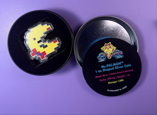 2022 Niue Ms. PAC-MAN 1 oz Silver Colorized Proof Shaped Coin – Box & COA