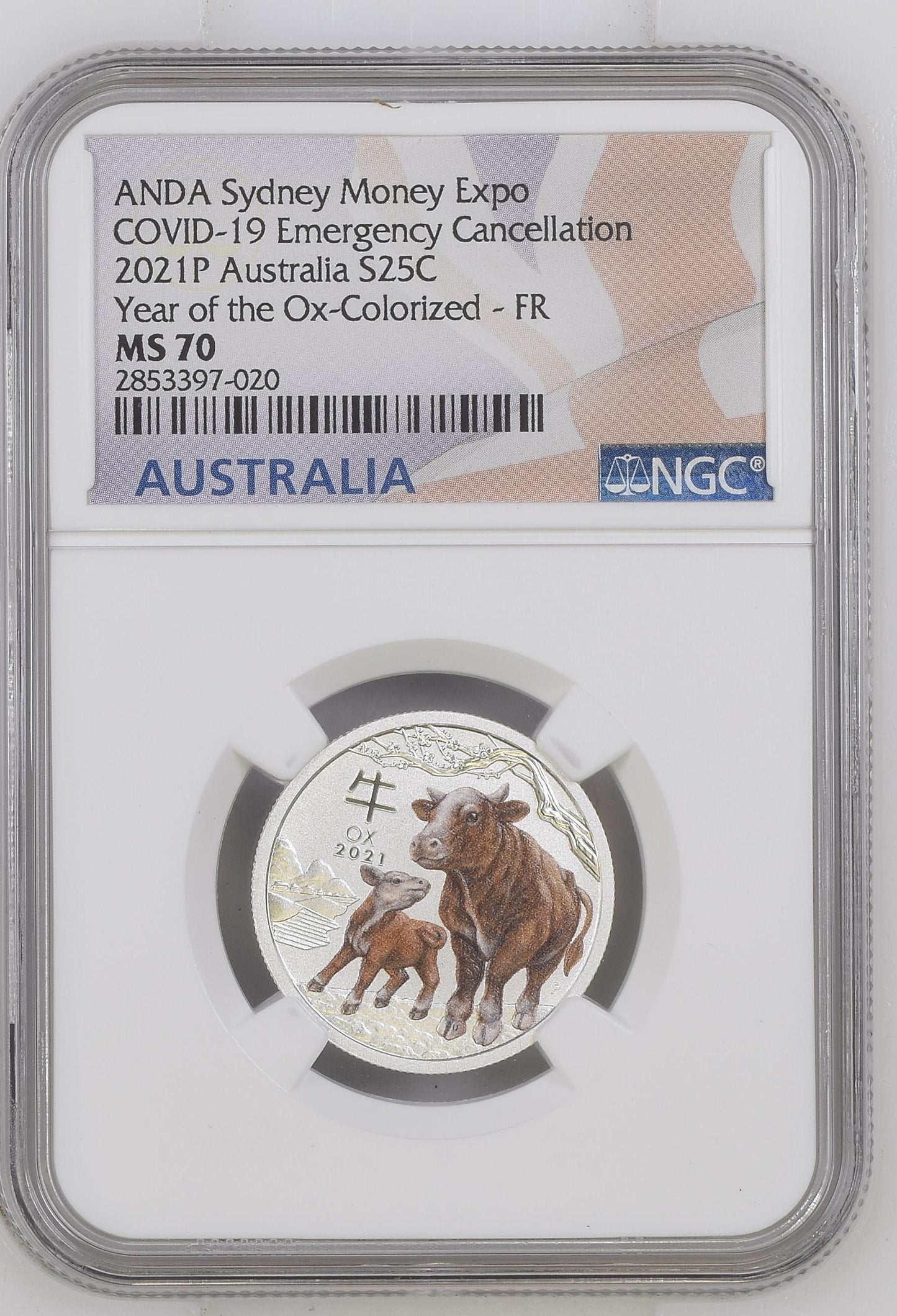2021 Australia Year of the Ox Colorized 1/4 oz Silver ANDA Sydney Expo Cancellation NGC MS70