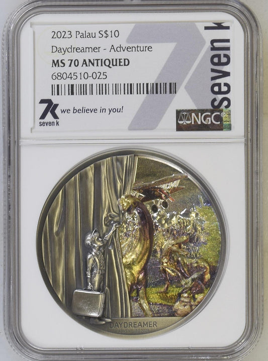 2023 Palau Daydreamer Adventure 2 oz Silver Antiqued Coin NGC MS70 Seven K Label