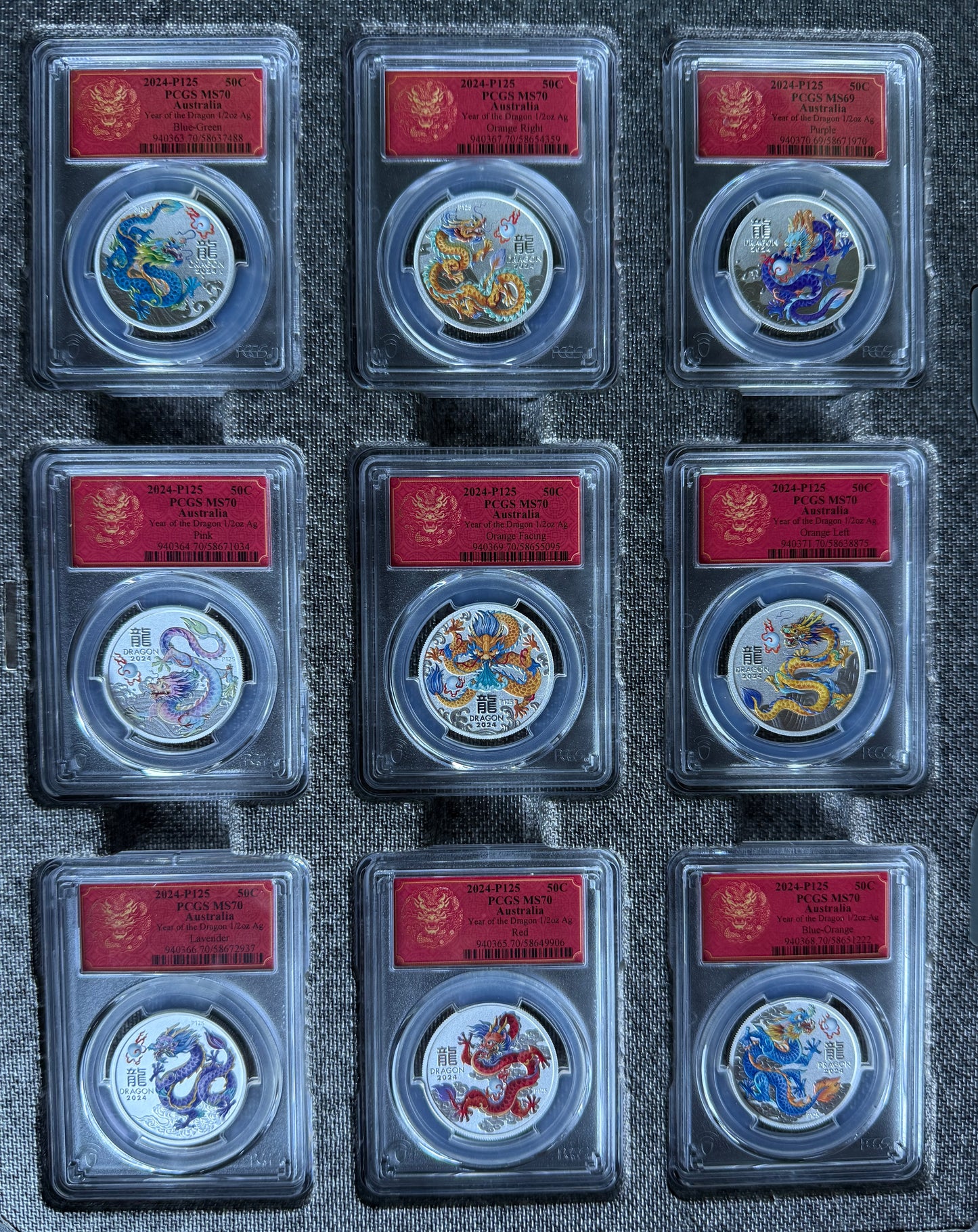 2024 Australia Lunar Dragon Colorized 1/2 oz Silver PCGS MS70 Coin Collection Lot (9 Coins)