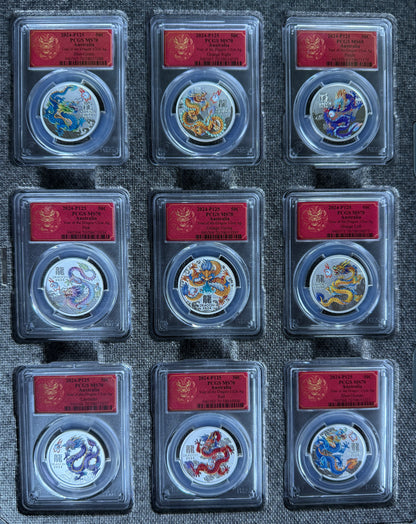 2024 Australia Lunar Dragon Colorized 1/2 oz Silver PCGS MS70 Coin Collection Lot (9 Coins)