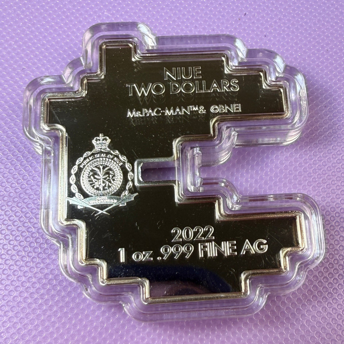 2022 Niue Ms. PAC-MAN 1 oz Silver Colorized Proof Shaped Coin – Box & COA